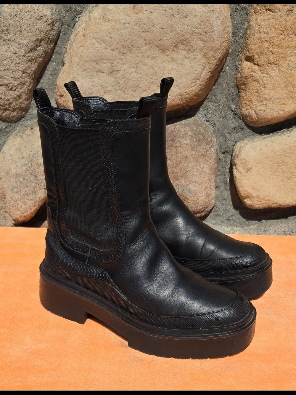 Sam Edelman Elder Chelsea Boots Womens 7.5 Black Leather Chunky Platform.